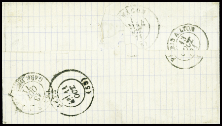Alsace n°6 obl CAD "Hombourg an der Mosel" (11.10.71) sur lettre pour Maçon avec taxe 25 double trait et ambulant de nuit "Avricourt à Paris 2°". TB