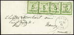 Alsace n°4, 5c vert, bande de 4, obl CAD "Metz" (20.12.71) sur lettre pour Nancy avec taxe 25 double trait. TB
