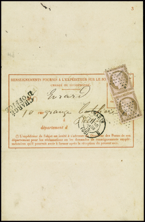 N°54 en paire verticale obl étoile 1 + CAD "3 Paris 3 (60)" (1875) sur avis rose de réception recommandé d'office pour le bureau de poste d'Albert