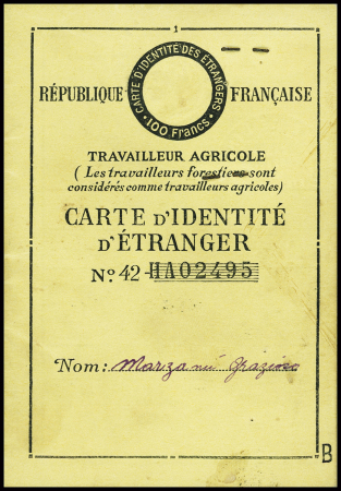 3 documents : carte d'identité du comité italien de libération nationale des Pyrénées-Orientales, carte d'adhésion en 1948 au RPF d'Ille-et-Vilaine et carte d'identité en qualité de travailleur agricole délivrée en 1943 