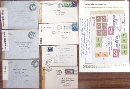 2° guerre mondiale : lettres de la Croix-Rouge x9 (Brésil, Chili, Argentine, Vénézuéla, Bratislava, Ceylan, Toronto, Genève) + lettres censurées x52