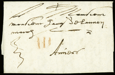 Lettre de Lille pour Anvers (30 mars 1614) avec un port de 3 patards matérialisé par 3 traits verticaux à la craie rouge