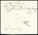 Lettre de 1635 pour Anvers avec marque manuscrite "De Lille" ind 18. TB