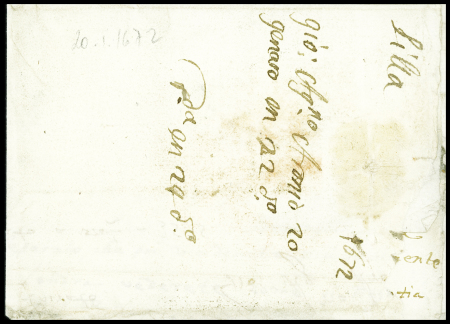 Lettre de Lille pour Arosio (Italie) en port payé de 9 patards, matérialisé par des marques verticales à la craie rouge (20 janvier 1672), ind 21; TB