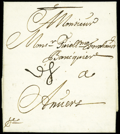 Lettre en port dû de Lille (27 dec 1690) pour Anvers avec petite marque manuscrite de Lille, ind 21. TB