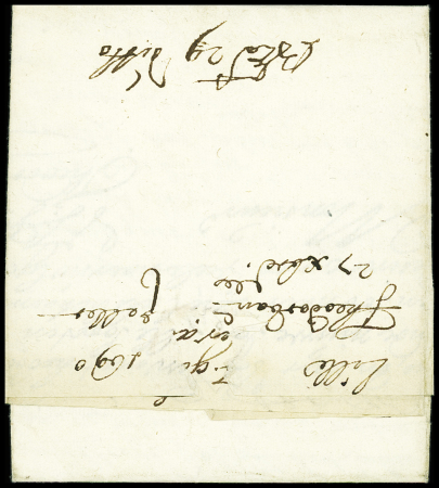 Lettre en port dû de Lille (27 dec 1690) pour Anvers avec petite marque manuscrite de Lille, ind 21. TB