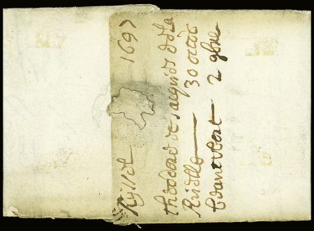Lettre en port dû du 30 aout 1695 pour Anvers avec petite marque "De Lille" (Lenain n°2), ind 25. TB