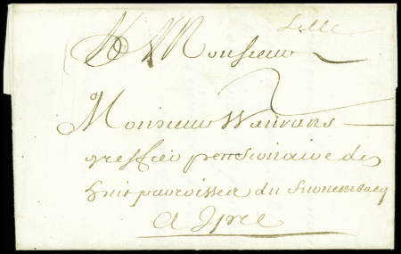 Lettre en port dû du 24 octobre 1695 pour Ypres avec marque manuscrite "Lille" (L n°1), ind 21. TB