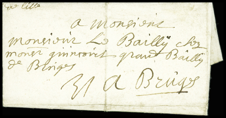 Lettre en port dû du 13 mars 1699 à destination de Bruges avec petite marque manuscrite en haut à gauche "De Lille", ind 21. TB