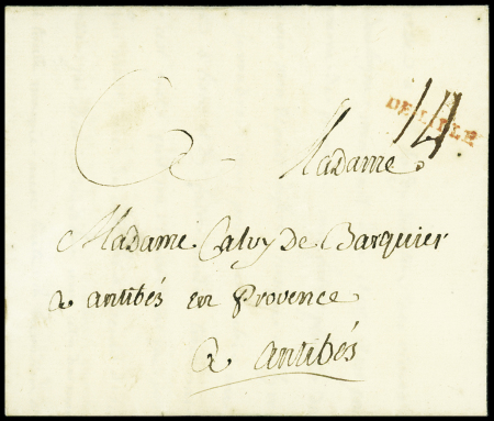 Lettre en port dû du 4 avril 1749 à destination d'Antibes avec petite marque manuscrite rouge "De Lille" (L n°9), ind 17. TB