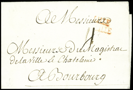 Lettre en port dû du 27 octobre 1749 pour Bourbourg avec MP rouge "de Lille" (L n°10), ind 19. TB