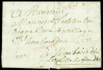 Petite poste de Lille - Lettre en port payé remise à un boitier à destination d'Haubourdin avec marques rouges "BN°52", "port payé", 8 LEV" et 7 mai" (1789)