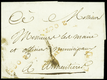 Petite poste de Lille. Lettre en port payé du bureau général (2 oct 1791) pour Armentières avec marques rouges "2 oct" + "Port payé" + "BG" (L n°2)
