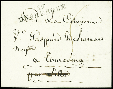 Lettre en port dû du 16 prairial an 3 avec MP "57 Dunkerque" et au verso marque en écriture cursive "DEBe de Lille" (L n°31), ind 20. TB