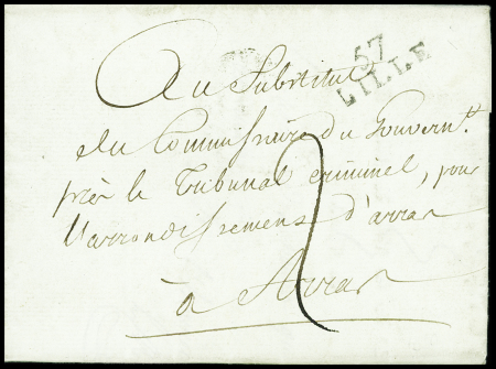 lettre avec MP "57 Lille" (1er germinal an 12) avec au verso grand cachet noir illustré d'une déesse "Municipalité de Lille repub. Franc.". TB