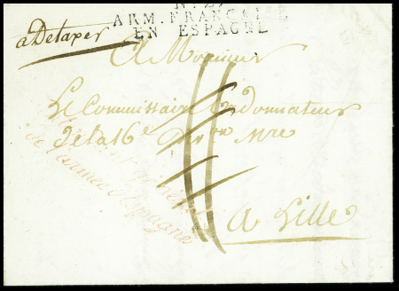 Lettre en port dû avec MP noire "N°27 armée française en Espagne "pour Lille avec taxe 11 rayée et mention manuscrite "A détaxer". TB