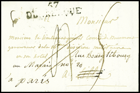 Lettre en port dû de Dunkerque pour Lille réexpédiée à Paris avec au verso MP "Deb 57 Lille" (3 nov 1815), ind 16. TB