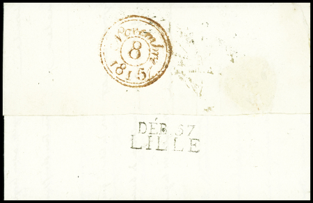 Lettre en port dû de Dunkerque pour Lille réexpédiée à Paris avec au verso MP "Deb 57 Lille" (3 nov 1815), ind 16. TB