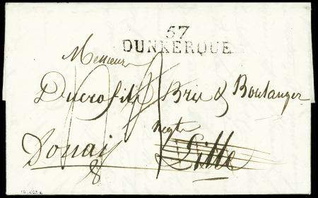 Lettre avec au recto MP "57 Dunkerque" adressée à Lille et réexpédiée à Douai avec au verso MP "Deb 57 Lille" (1819), sup