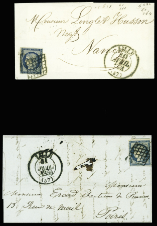 2 lettre AFF n°4, 25c bleu, obl grille + T13 Lille (31 juil 1850 et 10 avril 1851). TB