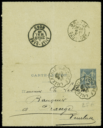 Entier carte lettre 15c sage obl CAD ondulé "Lille à Lille serv. Circ. F" (1897). TB