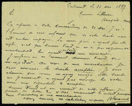 Entier carte lettre 15c sage obl CAD ondulé "Lille à Lille serv. Circ. F" (1897). TB