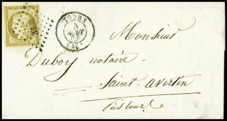 N°1 obl PC 3398 + T15 "Tours (36)" (1852) sur lettre pour Saint Avertin. TB
