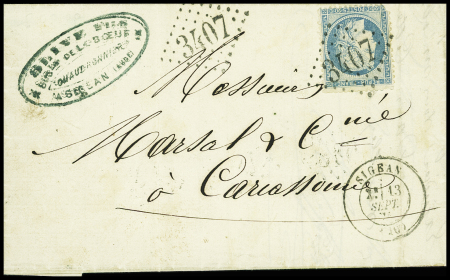 N°37 (LD) + n°25, bande de 5 + n°37 (def) obl GC 407 + T17 "Sigean (10)" (13 sept 71) sur lettre