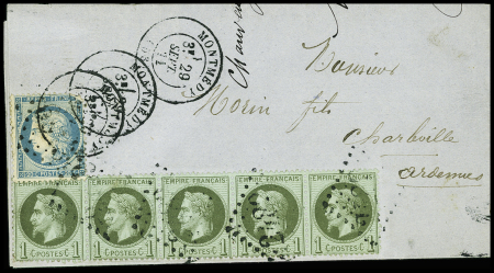 N°25, bande de 5 + n°37 (def) obl GC 2489 + T17 Montmédy (29 sept 71) sur lettre