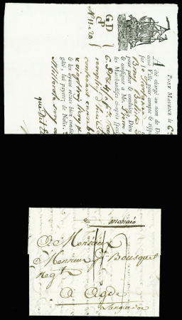 Pli écrit à Port-Maurice le 7 mai 1791 avec marque manuscrite "Monaco", taxe manuscrite 14 sols au recto, avec le connaissement qu'elle contenait. TB