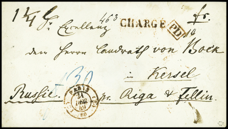 Lettre de Paris pour Riga (Russie) avec CAD rougeâtre