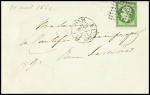 N°12, 5c vert, obl losange de points "ES1" + CAD "E2 Paris E1" (1862) sur lettre. TB