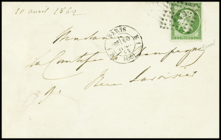 N°12, 5c vert, obl losange de points "ES1" + CAD "E2 Paris E1" (1862) sur lettre. TB