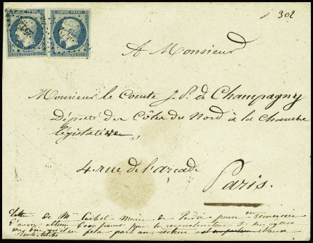 N°15, 25c bleu, 2 pièces, obl PC 2542 (Pordic) sur lettre  pour Paris avec au verso transit St brique (30 juin 54 - dernier jour de tarif). TB