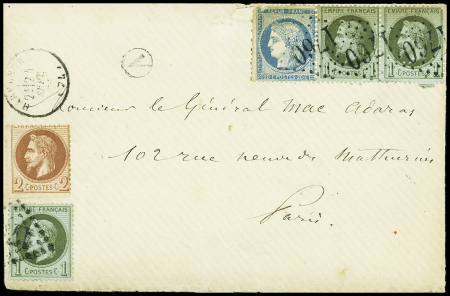 N°25, 3 pièces + n°26 (non obl) + n°37 obl GC 1760 + T16 "Harfleur (74)" (24 sept 71) + boite rurale "A" sur lettre pour Paris. TB