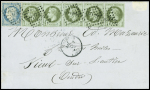 N°25, bande de 5, obl GC 3565 + T16 "Saintes (16)" (26 sept 71) sur lettre, TB