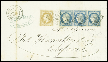 N°28 + 37, bande de 3, obl GC 3969 + T17 "Tonnay charente (16)" (1 sept 71 - 1er jour du changement de tarif) sur lettre du 3ème échelon de poids. TB