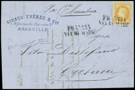 N°31, 40c orange, obl linéaire "Francia di mare" (Salles n°659 - ind 20) sur lettre de Marseille pour Catane. TB