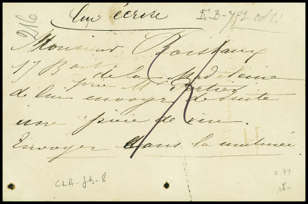 N°65, 10c vert, obl cAD "Paris Pl. de la Madeleine" (2 dec 76) sur carte postale précurseur avec taxe 15c manuscrite. TB