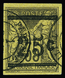 N°1 25c sur 35c violet-noir sur jaune, obl., TB