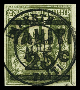 N°6a 25c s.1f olive, variété surcharge renversée, obl.,