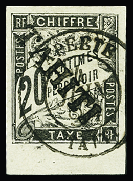 TAXE N°8 20c noir, obl plein centre avec bdf., TB.