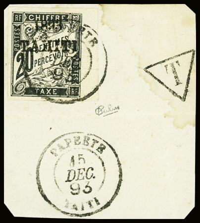 TAXE N°21 20c noir, obl. sur fragment, TB. Signé Calves