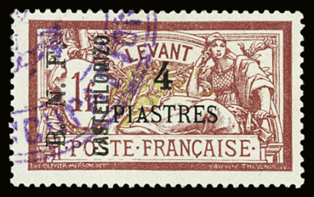 N°12 4pi. sur 1f lie-de-vin et olive, obl., (pelurage)