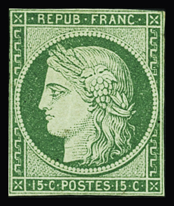 N°2 15 c vert, marges très courtes, filets entiers,