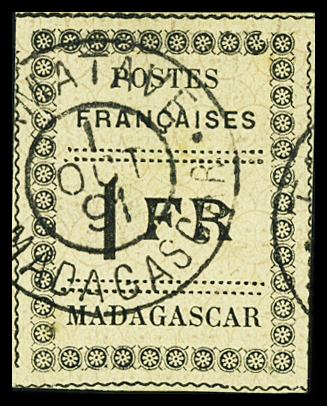 N°12 1f noir s. jaune, obl., filet court, sinon TB.