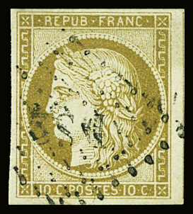 N°1 10 c bistre jaune, 4 belles marges, voisin, obl.