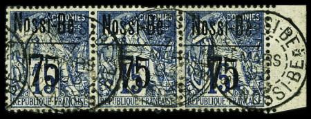 N°21 75c s.15c bleu, en bande de trois, Bdf, obl.,
