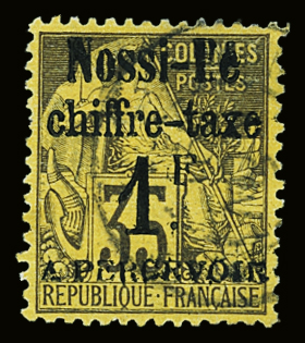 Taxe N°6 1f s. 35c violet noir s. jaune orange, obl.,