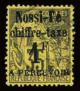 Taxe N°6 1f s. 35c violet noir s. jaune orange, obl.,